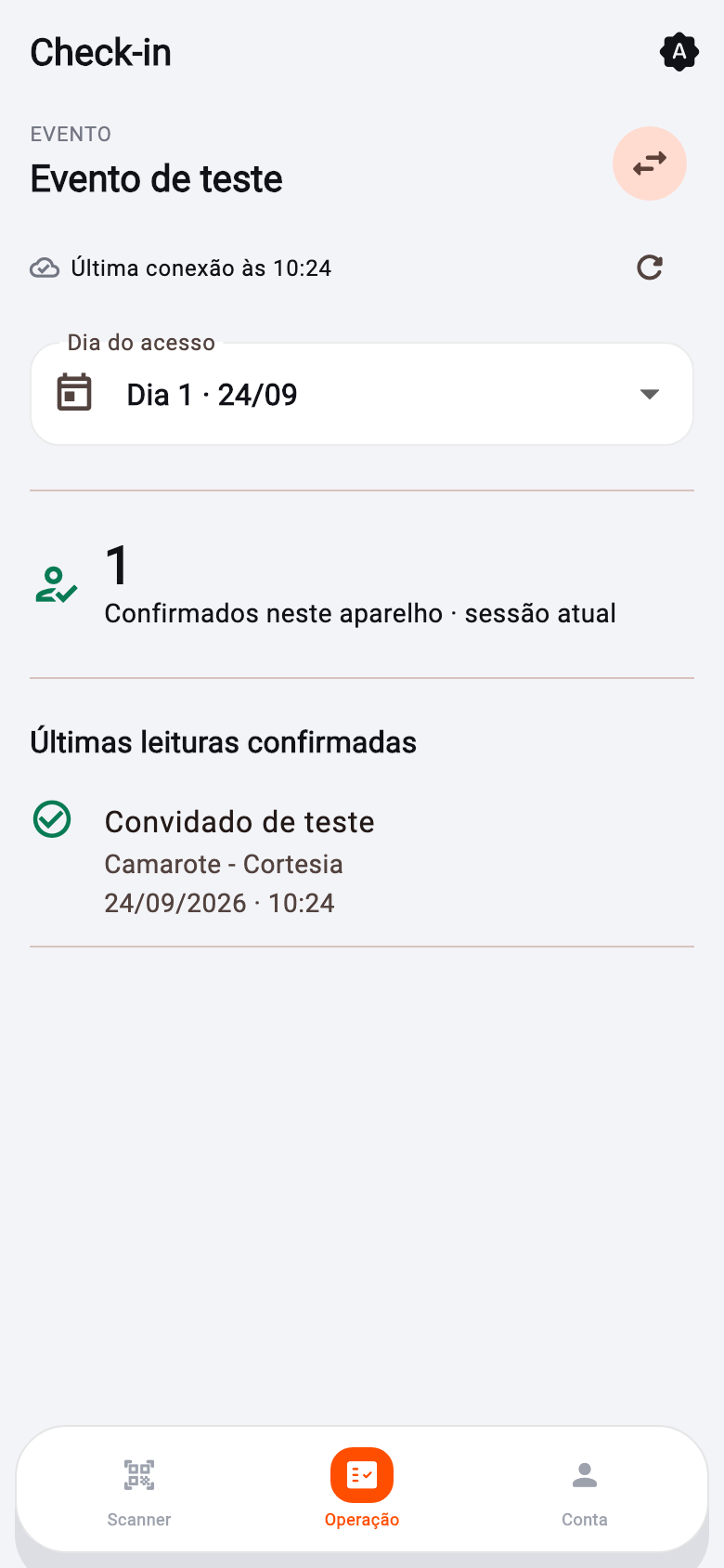 Tela do Check-in Viral com dados de demonstração